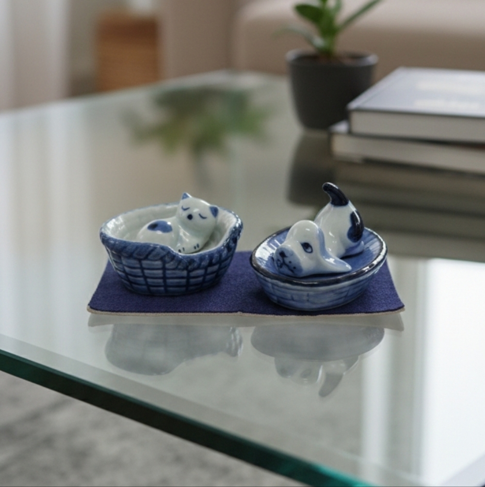 CAT & DOG ceramic figurines blue Beagle & sleeping cat in basket miniatures